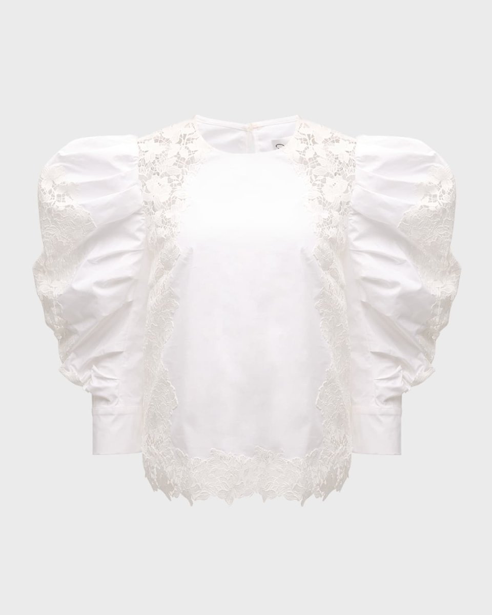 Draped-Sleeve Gardenia Guipure Cotton Blouse